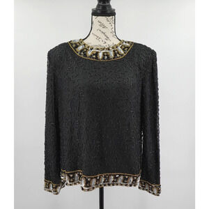 Vintage Laurence Kazar Beaded Top Womens Petite XL Black Sequins Statement Artsy